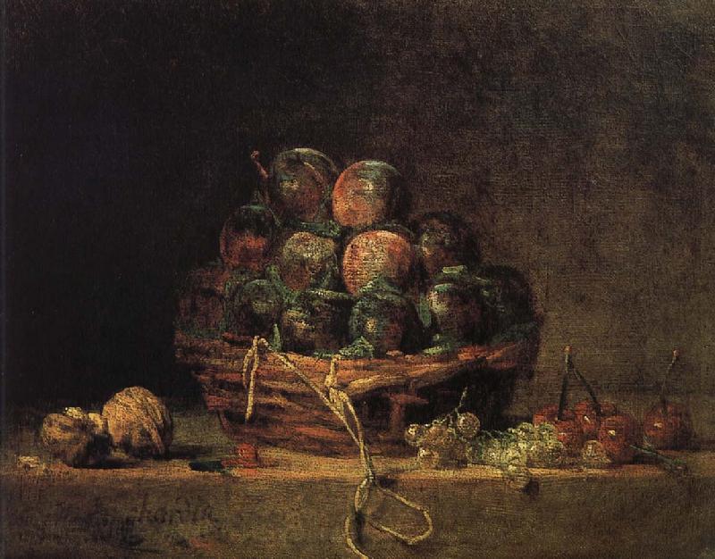 Jean Baptiste Simeon Chardin Walnut and fitted with a basket of plums cherry red millet vinegar Norge oil painting art